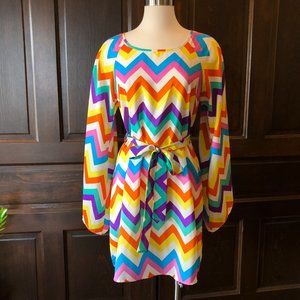 Umgee Multicolor Zig Zag Chevron Dress Split Long Sleeves Belted Lightweight M